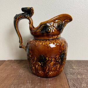 Arthur Wood England Ceramic Pitcher Brown Glazed Relief‎ Design Vintage